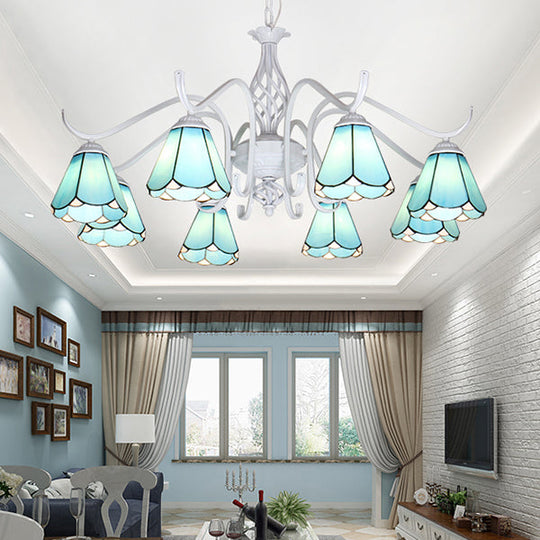 Blue/White Tiffany Indoor Pendant Light: Multi Light Cone Chandelier With Metal Chain - Ideal For