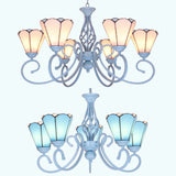Tiffany Stained Glass Chandelier - Conical Design Metal Chain & Curved Arms 5/6 Lights White Pendant