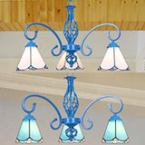 Tiffany Style Blue Curved Arm Chandelier With Stained Glass Shades & 3 Lights For Foyer Lighting
