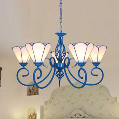 Blue And White Stained Glass Chandelier With Curved Arm Metal Chain
