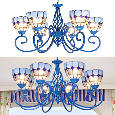 Blue Bowl Pendant Chandelier - 6/8 Lights Mediterranean Style For Living Room
