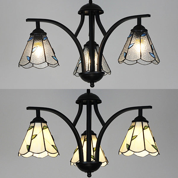 Rustic Black Chandelier Lighting With Blue/Green Leaf Design - 3 Lights 16’’ Metal Chain Hang Light