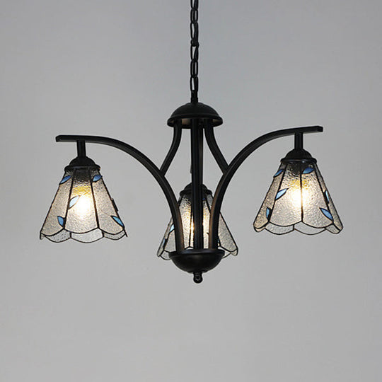 Rustic Black Chandelier Lighting With Blue/Green Leaf Design - 3 Lights 16’’ Metal Chain Hang