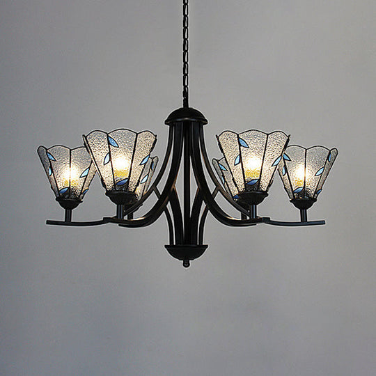 Rustic Stained Glass Chandelier With Leaf Design In Green/Blue - 6 Light Cone Hanging Fixture Black