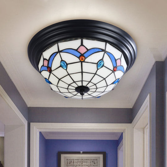 11’/15’ Tiffany Cut Glass Flush Ceiling Light - 3-Light Mount Fixture In White Ideal For Corridors