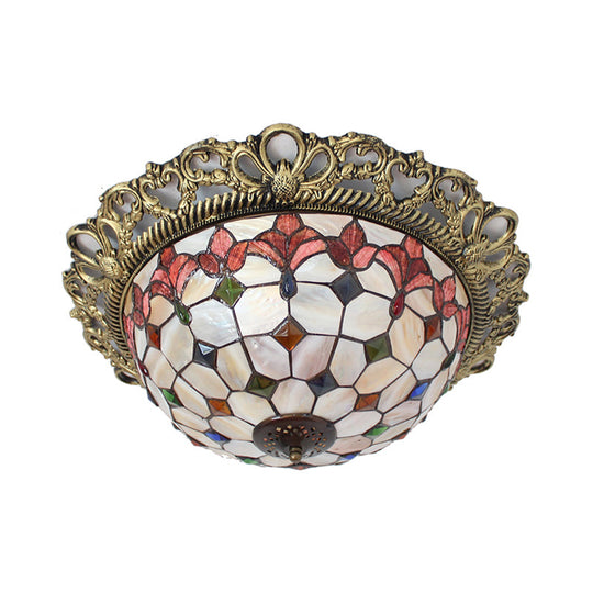 Mediterranean Shell Beaded Flush Light - Brass Flushmount With 3 Lights For Bedroom