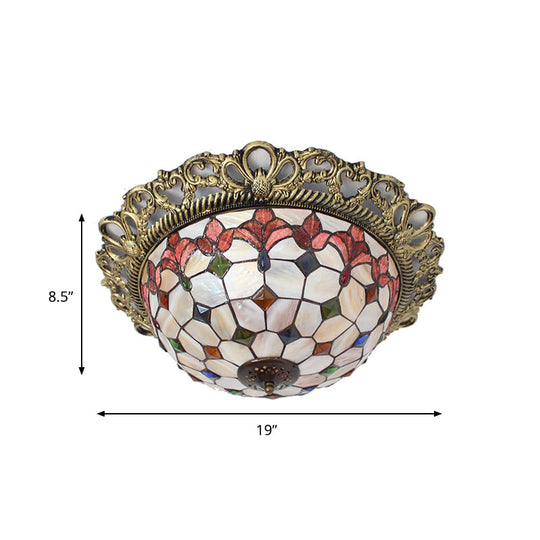 Mediterranean Shell Beaded Flush Light - Brass Flushmount With 3 Lights For Bedroom