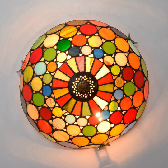 Tiffany Style Red Flushmount Bedroom Light Fixture - 2/3 Lights Dome Stained Glass Shade