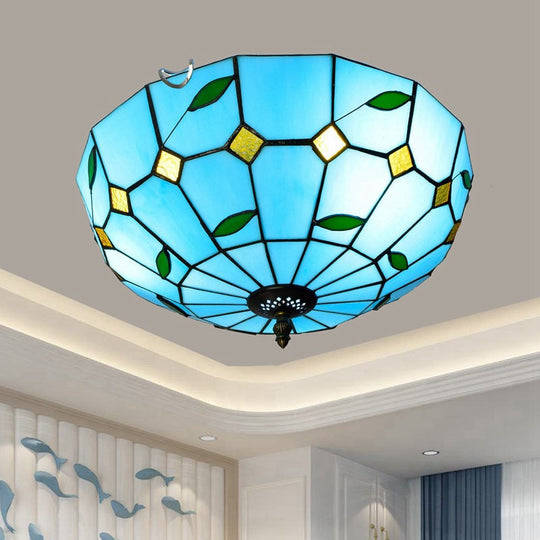 Blue Leaf Flush Ceiling Light Tiffany Stained Glass Lamp - 12/16 Wide 2/3 Lights / 12