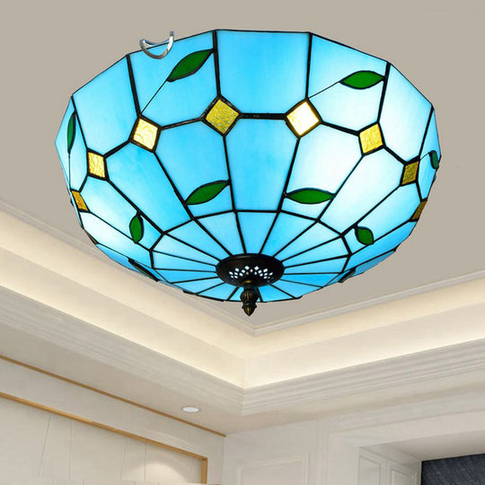 Blue Leaf Flush Ceiling Light Tiffany Stained Glass Lamp - 12/16 Wide 2/3 Lights