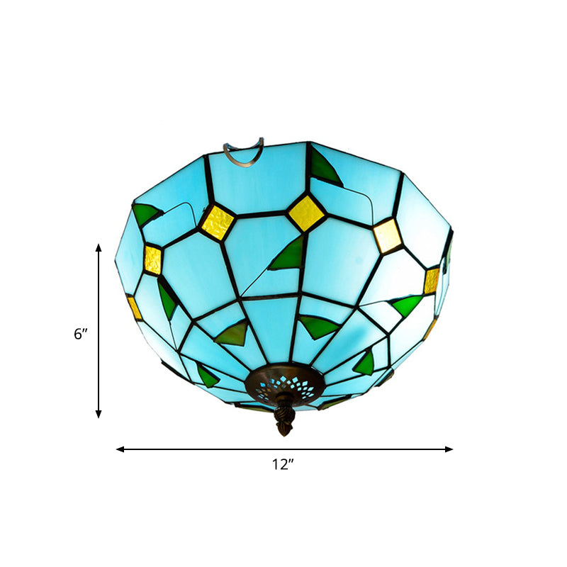 Blue Leaf Flush Ceiling Light Tiffany Stained Glass Lamp - 12’/16’ Wide 2/3 Lights