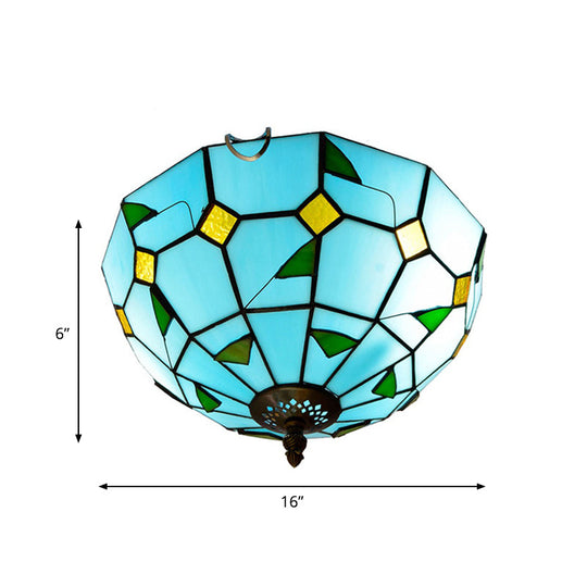 Blue Leaf Flush Ceiling Light Tiffany Stained Glass Lamp - 12’/16’ Wide 2/3 Lights
