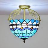 Mediterranean Petal Stained Glass Semi Flush Mount Ceiling Lamp 2 Lights Yellow/Brown/Blue - Ideal