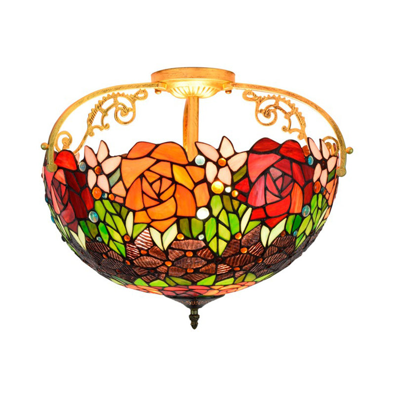 Elegant Mediterranean Cut Glass Rose Semi Flush Lighting - 3 - Light Beige/Pink/Orange Ceiling