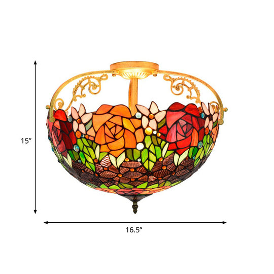 Elegant Mediterranean Cut Glass Rose Semi Flush Lighting - 3 - Light Beige/Pink/Orange Ceiling