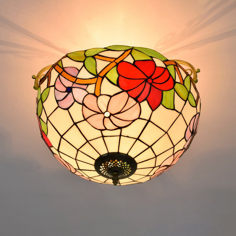 Elegant Mediterranean Cut Glass Rose Semi Flush Lighting - 3 - Light Beige/Pink/Orange Ceiling