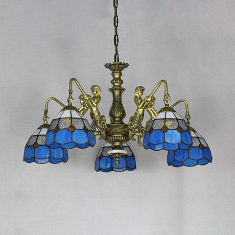 Stunning 5-Light Cut Glass Pendant Lamp: White/Antique Brass Tiffany Chandelier With Mermaid Deco