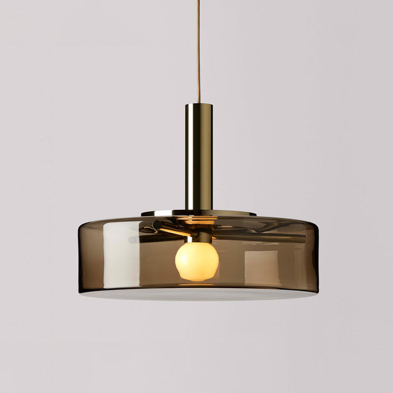 Smoke Gray Glass Drum Pendant Light For Modern Living Rooms