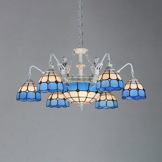 Tiffany Stained Glass Ceiling Chandelier With 9 Lights In Antique Brass/White Grid Pattern White