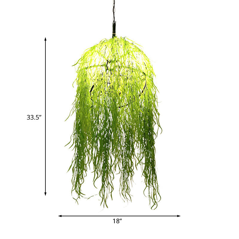 Industrial Green Metal Chandelier With Bell Cage Design And Wicker Ornament 18’/21.5’ Wide -