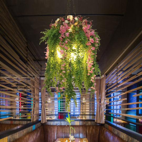 Industrial Metal Chandelier With 4 Green Head Plant Decorations - Hanging Pendant Light Fixture