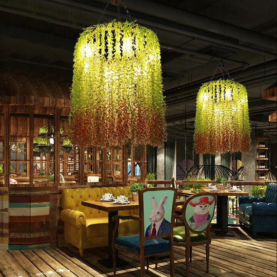 Cylinder Chandelier Lamp: 6 Heads Industrial Green Metal With Plant Decoration - Suspension Lighting