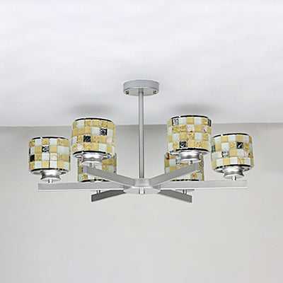 Blue/Yellow Glass Mosaic Ceiling Light With Chrome Finish - Modern 6-Light Hanging Chandelier