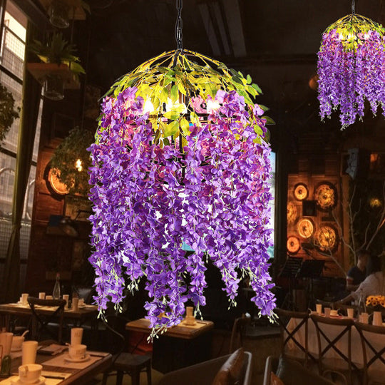 Industrial Metal Dome Pendant Chandelier With Pink/Purple 4/5 Heads Plant Design - 18’/21.5’ Wide