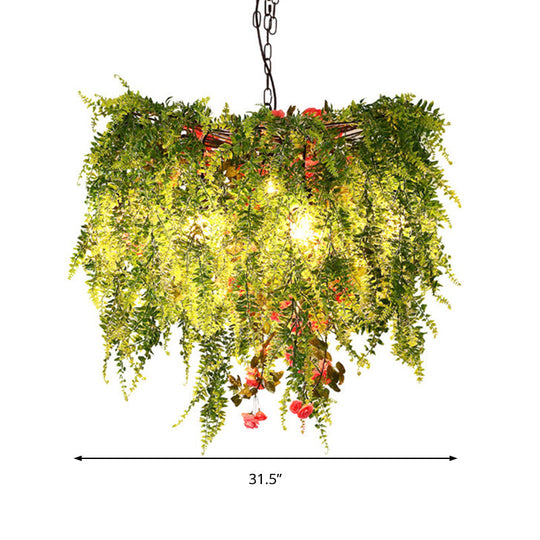 Green Led Industrial Metal Chandelier With Plant Decoration - 18’/23.5’/31.5’ Wide