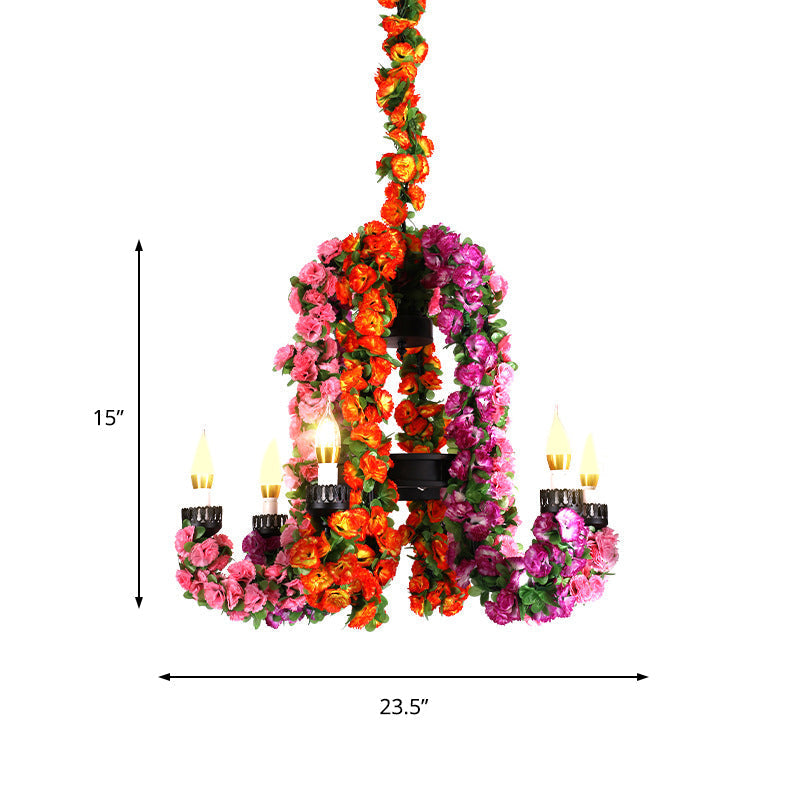 6-Head Metal Hanging Light Kit: Purple Curved Arm Chandelier With Flower Decoration - Industrial