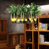 Industrial Metal 10-Head Green Chandelier Ceiling Lamp With Plant Décor For Restaurants