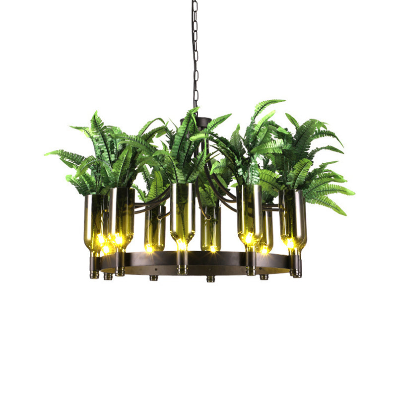 Industrial Metal 10-Head Green Chandelier With Plant Deco - Round Restaurant Ceiling Lamp