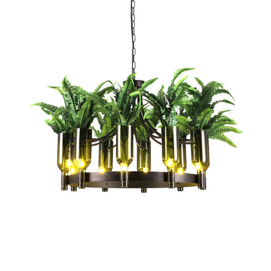 Industrial Metal 10-Head Green Chandelier With Plant Deco - Round Restaurant Ceiling Lamp