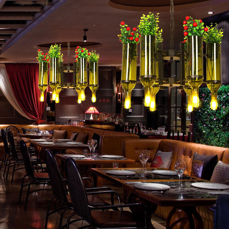 Green Metal 6-Head Industrial Chandelier Pendant Light With Plant Design