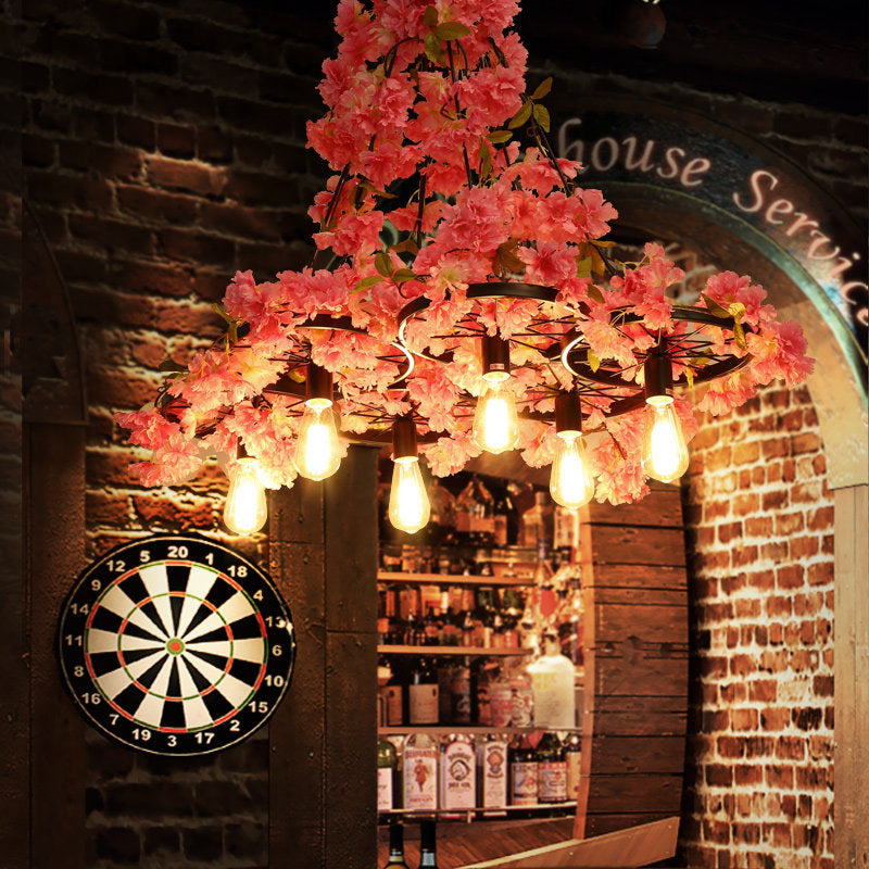 Bare Bulb Industrial Chandelier - Led Pink Flower Restaurant Hanging Lamp (6 Bulbs)