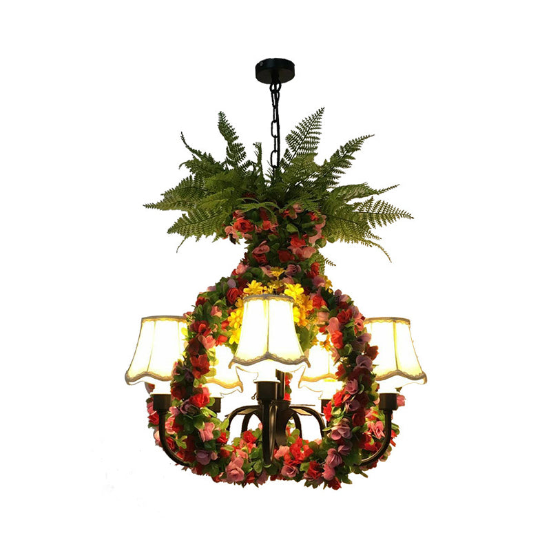 Industrial Black Chandelier With Led Fabric Flower Design - 5-Light Hanging Lamp