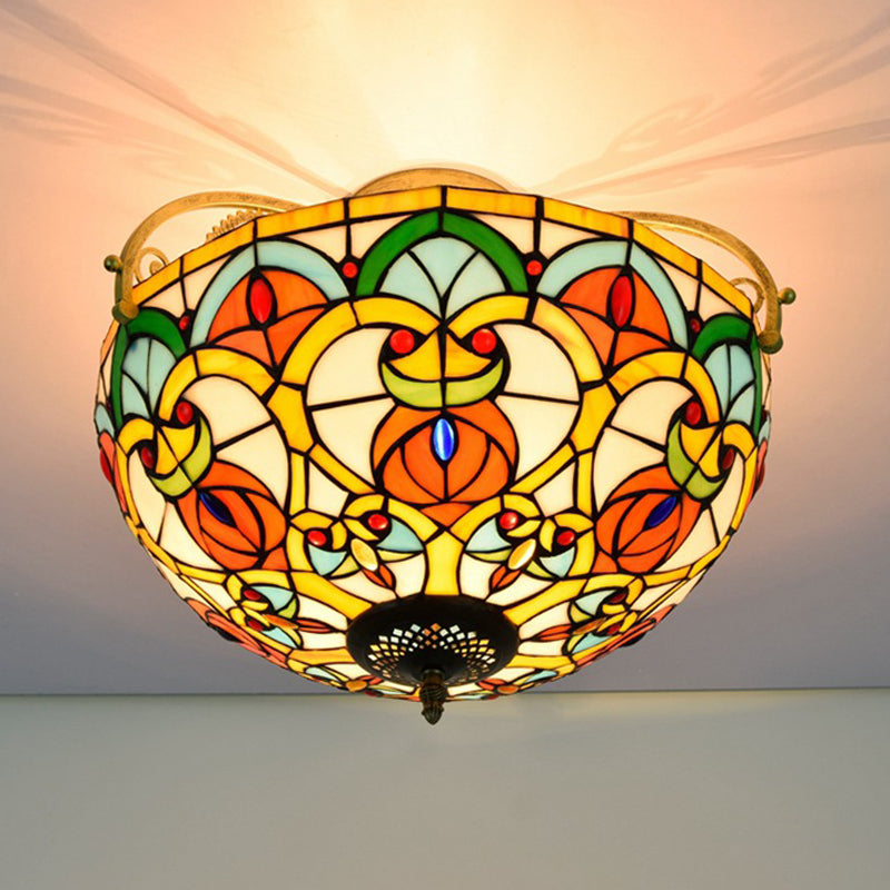Mediterranean Orange Domed Cut Glass Ceiling Light Fixture With 3 Semi - Flush Lights