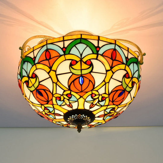 Mediterranean Orange Domed Cut Glass Ceiling Light Fixture With 3 Semi - Flush Lights
