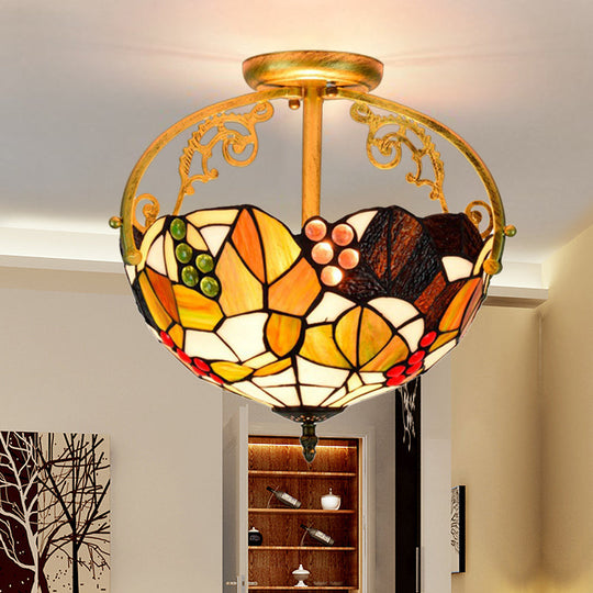 Tiffany Cut Glass Semi - Flush Ceiling Light With Brass Finish For Bedrooms - 2/3 Lights