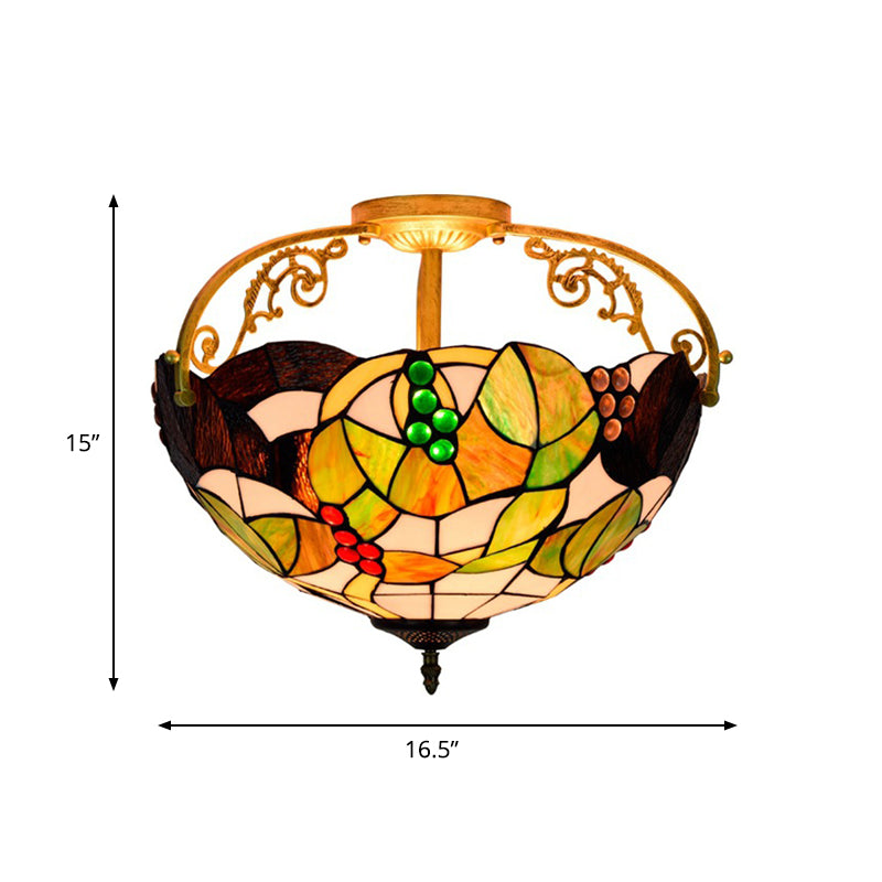 Tiffany Cut Glass Semi - Flush Ceiling Light With Brass Finish For Bedrooms - 2/3 Lights