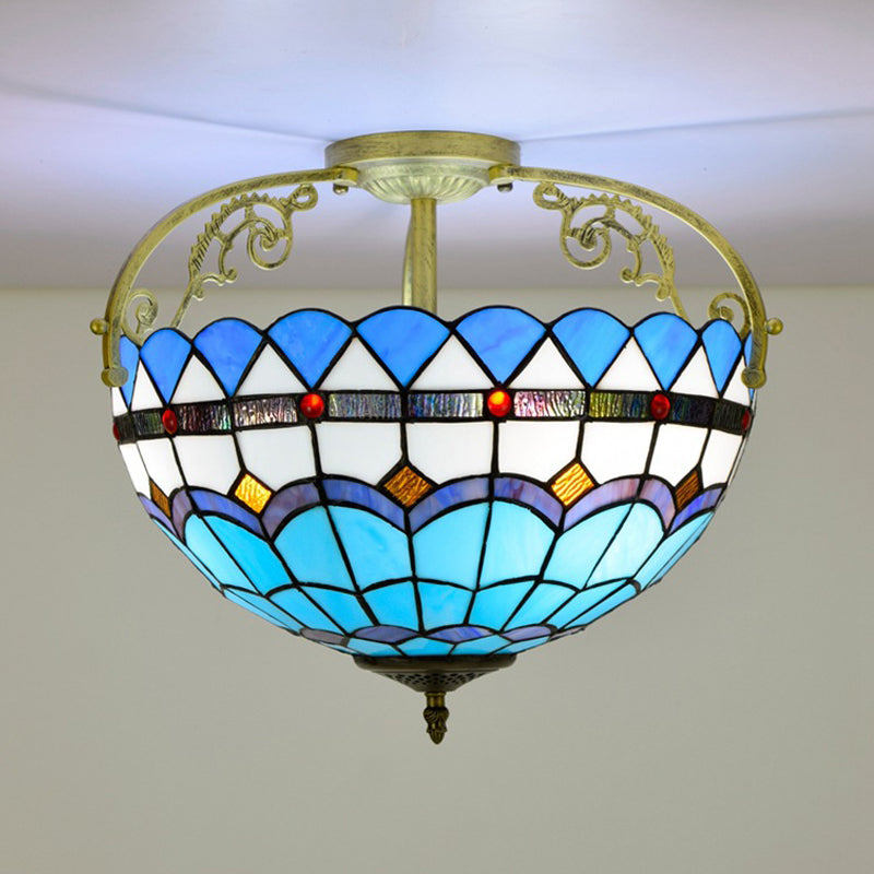 Tiffany Semi - Flush Kitchen Ceiling Light - 3 - Light Fixture With Stained Glass Bowl Shade