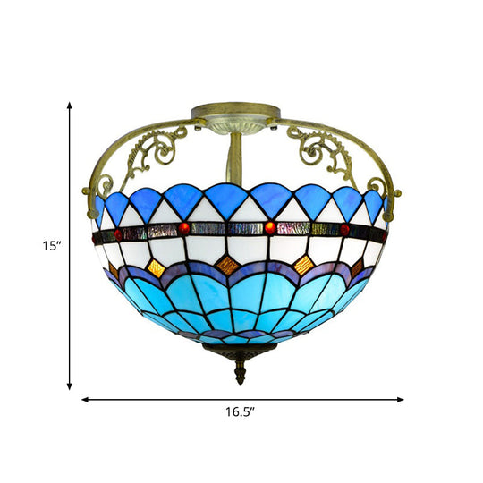 Tiffany Semi - Flush Kitchen Ceiling Light - 3 - Light Fixture With Stained Glass Bowl Shade