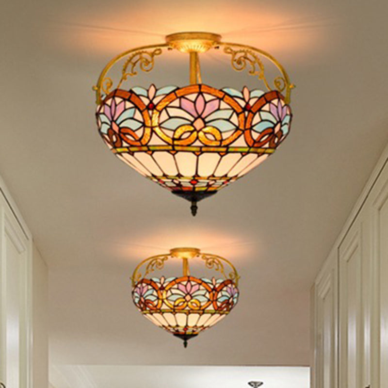 Tiffany Semi - Flush Kitchen Ceiling Light - 3 - Light Fixture With Stained Glass Bowl Shade