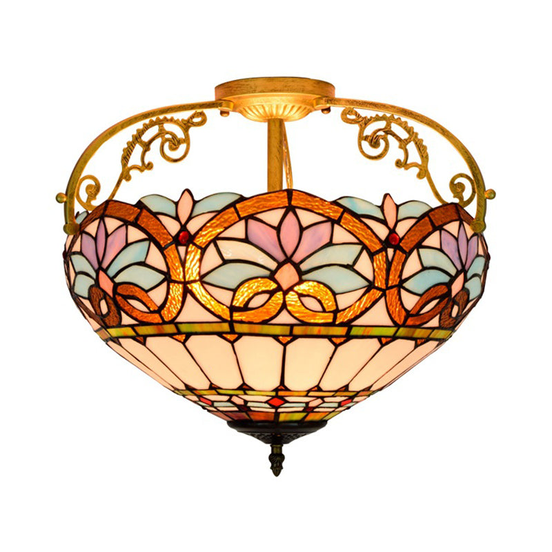 Tiffany Semi - Flush Kitchen Ceiling Light - 3 - Light Fixture With Stained Glass Bowl Shade