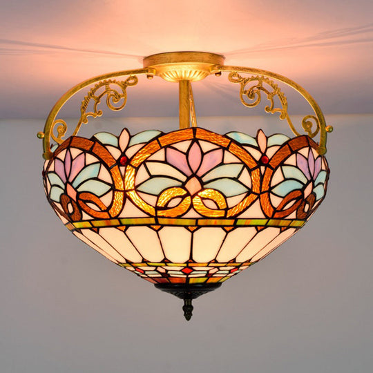 Tiffany Semi - Flush Kitchen Ceiling Light - 3 - Light Fixture With Stained Glass Bowl Shade