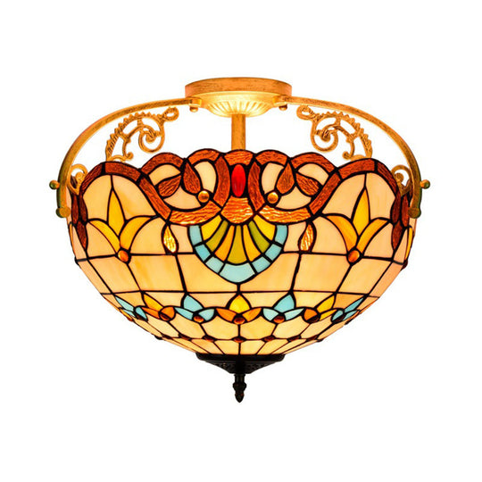 Tiffany Semi - Flush Kitchen Ceiling Light - 3 - Light Fixture With Stained Glass Bowl Shade