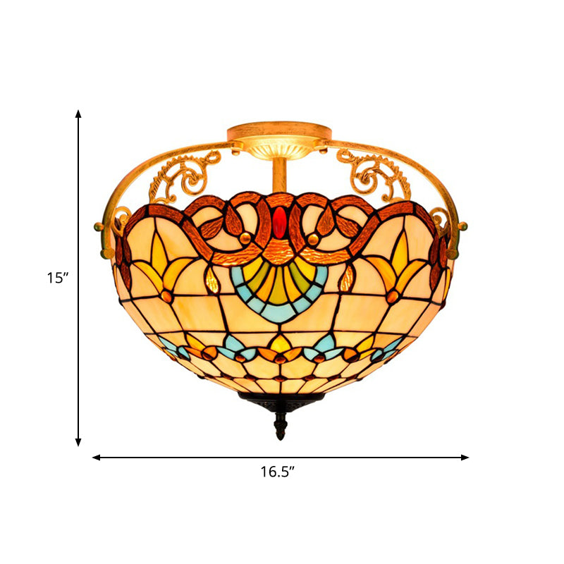 Tiffany Semi - Flush Kitchen Ceiling Light - 3 - Light Fixture With Stained Glass Bowl Shade