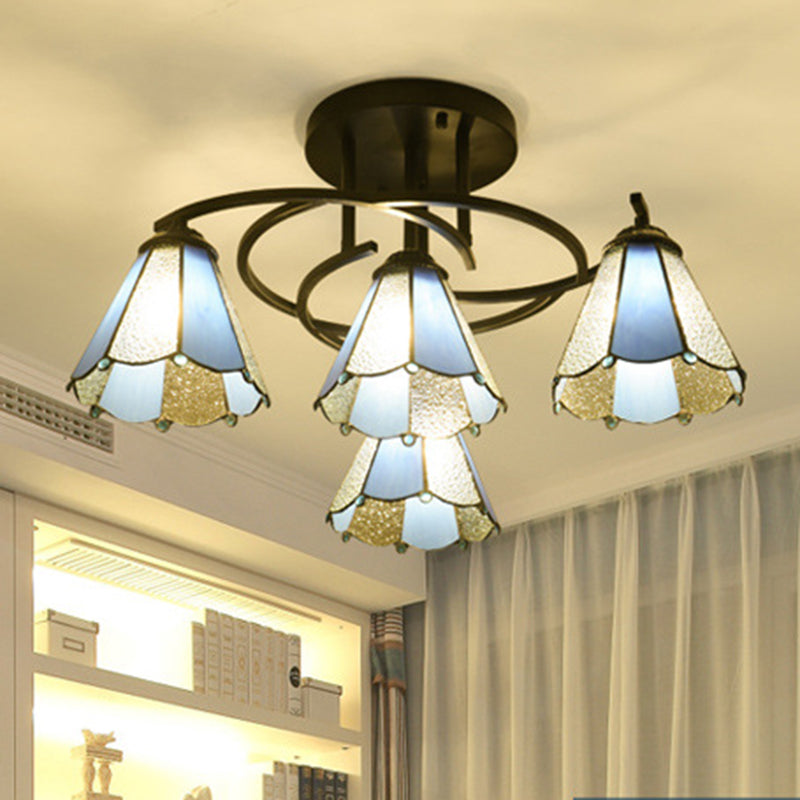 Mediterranean Black Bedroom Ceiling Lamp With Cone/Dome White/Beige/Blue Glass Shade - 4 Lights
