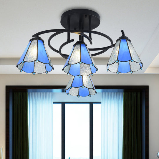 Mediterranean Black Bedroom Ceiling Lamp With Cone/Dome White/Beige/Blue Glass Shade - 4 Lights