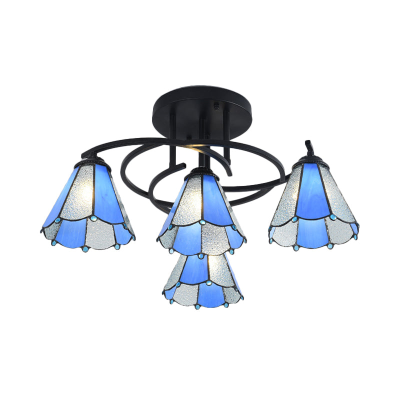 Mediterranean Black Bedroom Ceiling Lamp With Cone/Dome White/Beige/Blue Glass Shade - 4 Lights